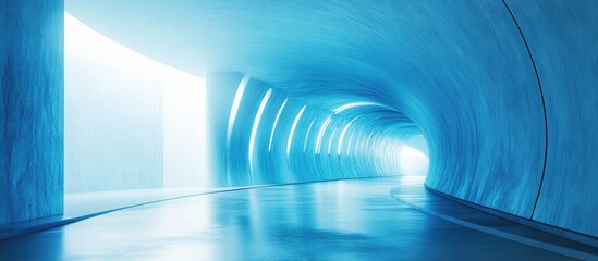 Poster - Blue icy tunnel with illuminated walls creating a tranquil atmosphere and ample copy space for text or branding purposes