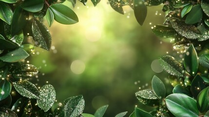 Poster - Vibrant Green Forest Foliage Background with Soft Bokeh Effect and Space for Text Decoration in Nature Inspired Design