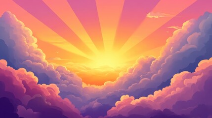 Poster - Colorful Summer Sunset with Dramatic Clouds and Rays of Light in Sky with Ample Copyspace for Text or Design Elements