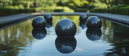 Poster - Still water sculptures reflecting nature creating elegant visual art with ample blank space for text in a tranquil outdoor setting