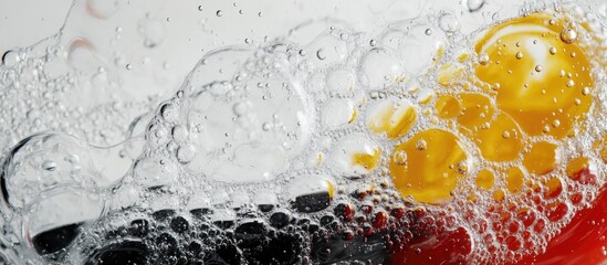 Poster - Transparent Soap Bubble Splash with Black White Yellow and Red Colors Macro Close Up Background for Text Placement and Design Use