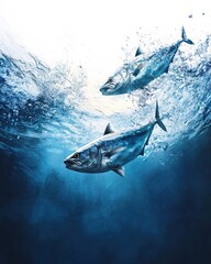 Poster - Two fish swimming in deep blue water with bubbles and white space above the surface