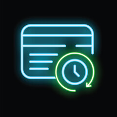 Poster - Glowing neon icon of a credit card with a clock and turning arrow symbolizing recurring payments