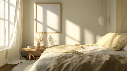 Poster - Scandinavian bedroom design with linen bedding and decorative pillows showcasing natural light and ample empty space for text placement