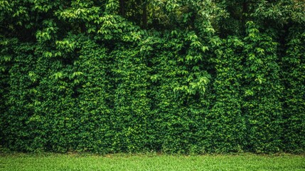 Poster - lush green wall of dense evergreen foliage in a serene forest environment with ample empty space for