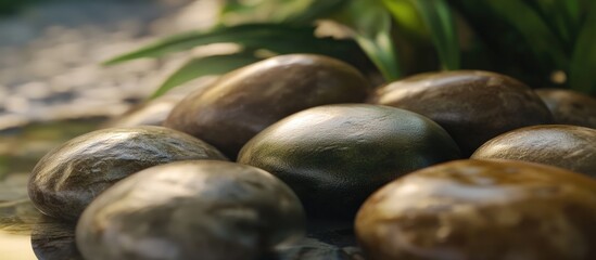 Poster - Smooth rounded stones with green leaves in the background
