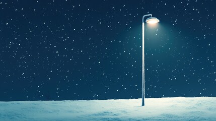 Poster - Snow-covered landscape with a tall street lamp illuminated in a winter night scene featuring hoarfrost and ample copyspace for text.