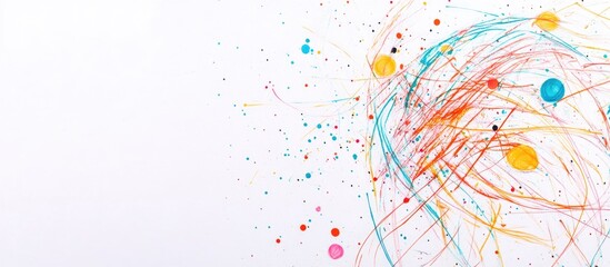 Fototapete - Colorful abstract lines and dots on white background with ample copy space for text placement. Bright and dynamic design concept.