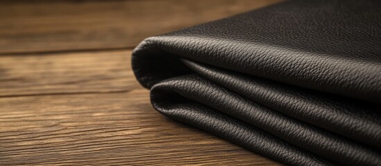 Poster - black textured fabric draped on wooden surface with natural lighting and copy space for design eleme