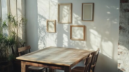 Poster - Cozy rustic wooden dining table in warm room with empty frames on white wall showcasing organic interior design aesthetics