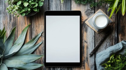 Poster - Tablet with blank screen surrounded by plants and decor elements perfect for showcasing custom photo filters and digital design concepts