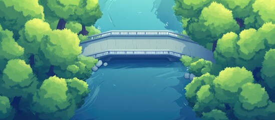 Poster - Scenic high angle view of a tranquil bridge over a river surrounded by lush green trees in a peaceful forest setting