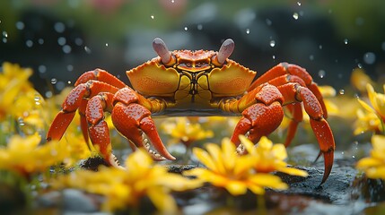 Poster - Vivid closeup shot of a red crab showcasing fine details of its shell and legs under soft lighting contrasted by a muted grey background with yellow flower petals adding whimsy to the scene