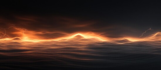 Poster - Dramatic sunset with dark storm clouds and lightning over turbulent water surface creating a striking atmospheric scene for text placement