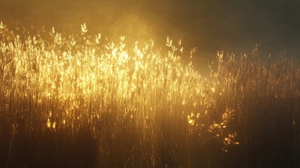 Poster - glowing golden tall grass field at sunset with warm light creating a serene landscape and ample copy