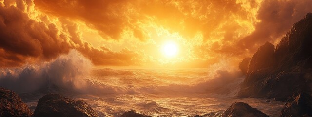 Poster - dramatic ocean sunset with tidal waves crashing on rocks showcasing powerful nature landscapes and a