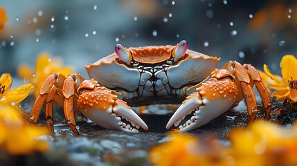 Poster - Vivid closeup shot of a red crab showcasing fine details of its shell and legs under soft lighting contrasted by a muted grey background with yellow flower petals adding whimsy to the scene