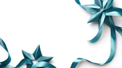 Poster - Teal Decorative Star Border with Ribbons on White Background for Text Placeholder and Creative Design Elements