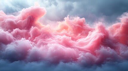Poster - Artistic pink waves resembling fluffy clouds on a gray background showcasing abstract beauty and tranquility in nature-inspired design.