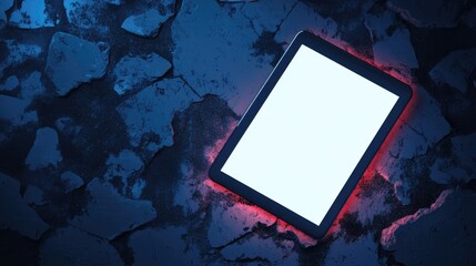 Poster - Tablet computer with blank screen on textured background for digital display and advertising space
