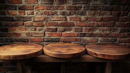 Poster - Three Rustic Wooden Tables Displayed Against a Brick Wall with Space Available for Text or Branding Elements
