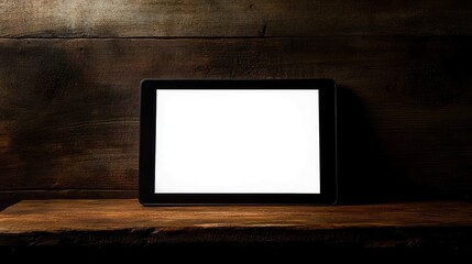 Poster - Tablet Displaying Blank Screen on Rustic Wooden Desk with Dark Background for Mockup and Design Use