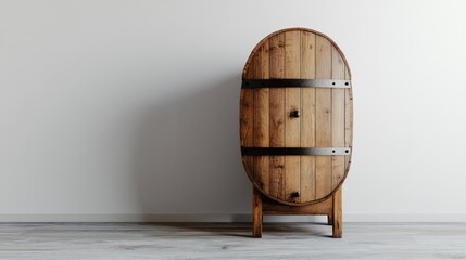 Poster - Tall wooden barrel style cabinet with ample copy space perfect for text or branding showcasing rustic elegance in home decor.