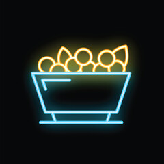 Poster - Glowing neon line fruit basket icon isolated on black background. Colorful outline concept. Vector illustration