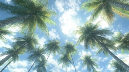 Poster - tall palm trees reaching towards a vibrant sky with ample empty space ideal for text placement or de