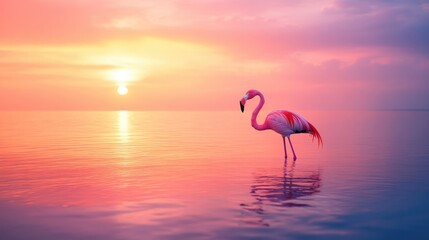 Poster - flamingo silhouette against a vibrant sunset over tranquil waters with ample space for promotional o