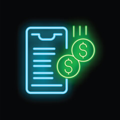 Poster - Neon sign of a smartphone with dollar coins dropping, illustrating mobile banking and online payment