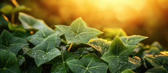 Poster - Lush Ivy Leaves with Water Droplets in Golden Sunlight Soft Focus Background Perfect for Text Overlay and Custom Sign Designs