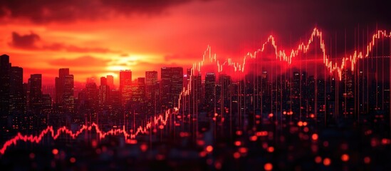 Poster - Declining Stock Market Graph with Red Background and Business Skyline Ideal for Investment and Economic Concepts with Copy Space for Text