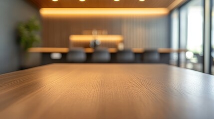 Poster - Modern office workspace with wooden desktop and blurred executive activities in the background providing ample empty space for text or graphics