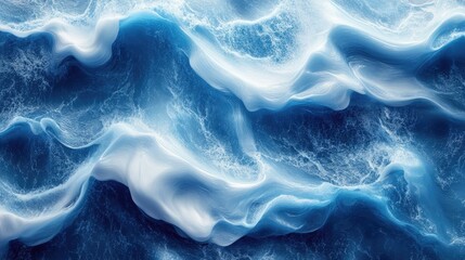 Poster - Aerial view of vibrant flowing blue waves in abstract ocean art with a dynamic fluid pattern and delicate white highlights