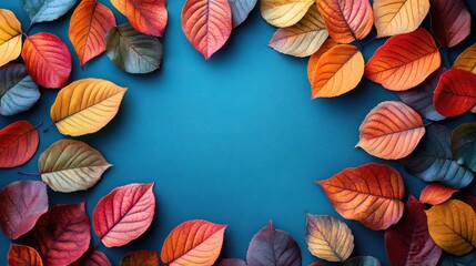 Poster - Colorful autumn leaves in a circular arrangement on a vibrant blue background creating an empty space for text or design elements.