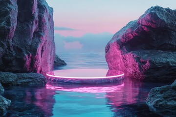 Surrounded by a softly glowing AR-inspired border, this oval glass podium over rocky underwater terrain shimmers in pink and cyan light.