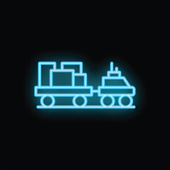 Poster - Glowing neon blue icon of a self driving vehicle transporting cargo on rails, isolated on a black background