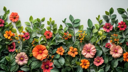 Poster - Vibrant arrangement of colorful flowers and lush green leaves on a light background with ample space for text or design elements