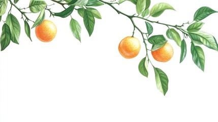 Poster - Tangerine Branch with Lush Green Leaves Isolated on White Background Ideal for Text Placement and Creative Design Projects