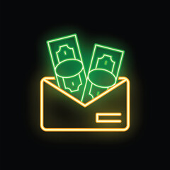 Poster - Neon icon of an envelope containing money, glowing on a dark background, representing concepts like online payment and digital banking
