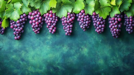 Wall Mural - A vibrant arrangement of grapes and leaves on a textured green background.