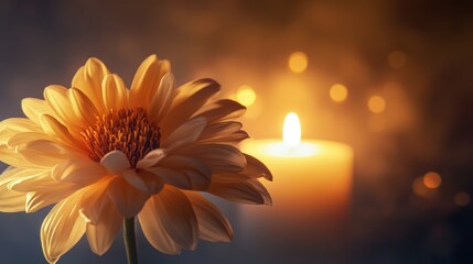 Poster - Elegant Flower Illuminated by Candlelight with Sulphur Glow and Soft Bokeh Background for Text Overlay and Design Projects