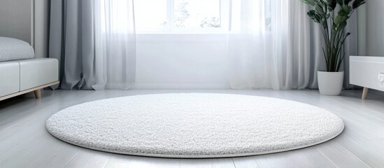 Poster - Elegant White Round Carpet in Minimalist Living Room with Ample Space for Text and Natural Light from Window