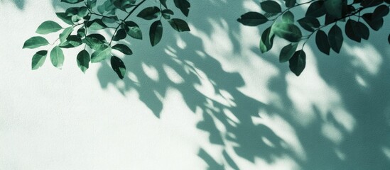 Poster - Green wallpaper with tree leaf shadows on a white wall creating a tranquil atmosphere with space for text and design elements.