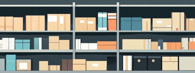 Poster - Warehouse Shelves Filled with Various Boxes Ideal for Shipping Industry Banner with Copy Space for Text and Promotions