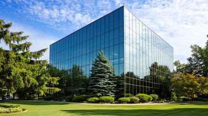 Poster - Modern glass office building surrounded by lush greenery and trees with ample copyspace for advertising or promotional text.