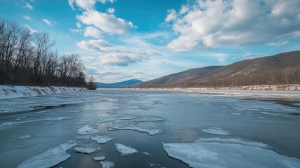 Poster - frozen river landscape with ice floes and cloudy sky empty space for text in a natural scenic enviro