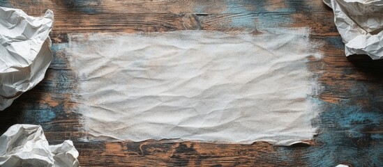 Poster - Crumpled white paper sheet on rustic wooden table providing ample blank space for creative text or design elements