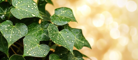 Poster - Lush green ivy leaves with water droplets glistening in golden sunlight creating a serene backdrop perfect for text or branding space